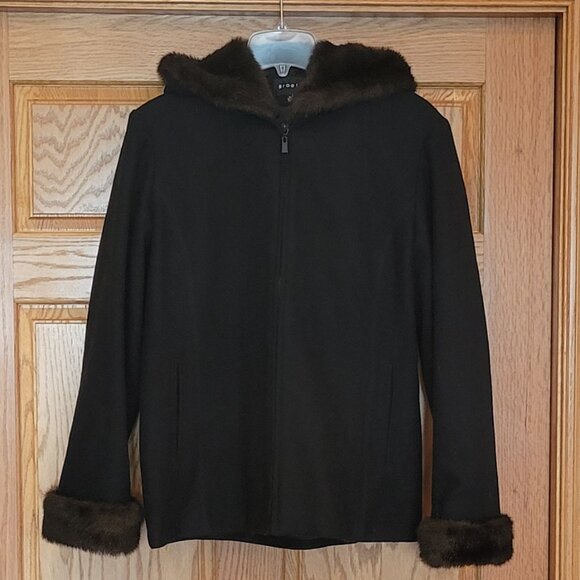 VTG Braetan Black Wool Blend Faux Fur Hooded Zip Front Coat Jacket with Pockets - Picture 13 of 15